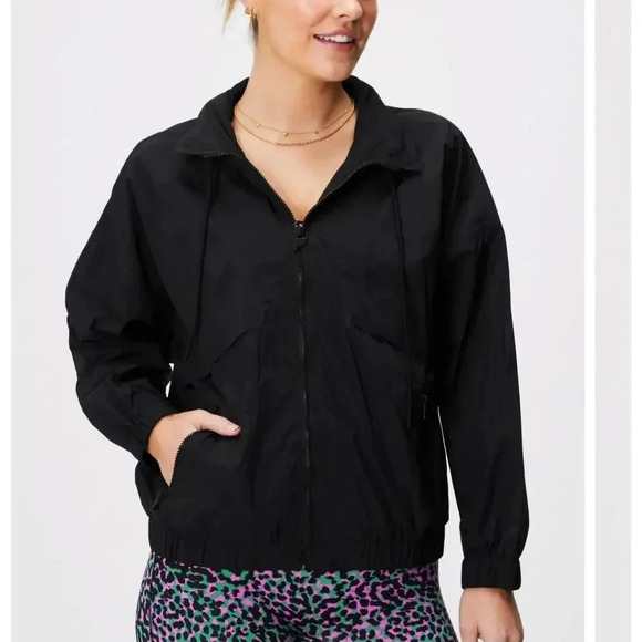 Fabletics Womens Track Jacket Oversized Hood Black Rain Hiking Campin Size Small - Picture 1 of 6